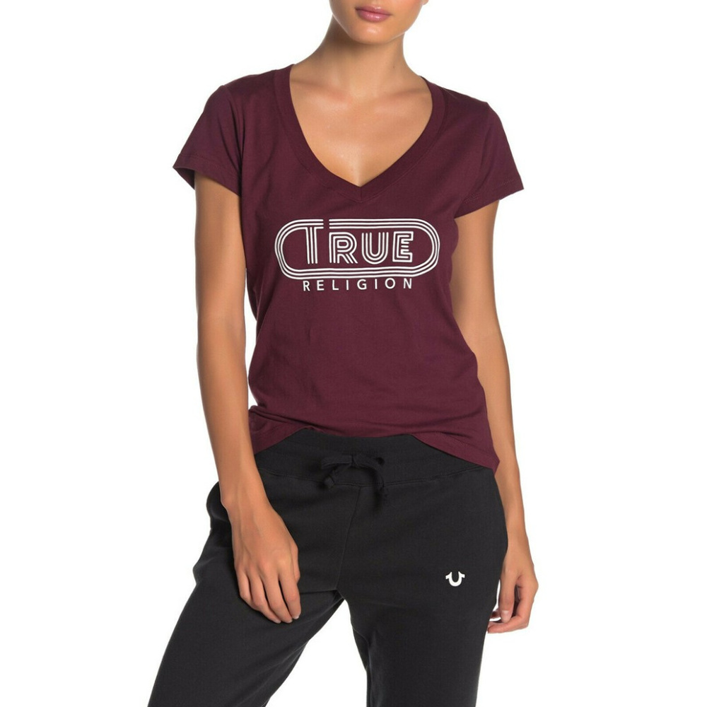 True Religion Women's Retro True Logo V-Neck Tee T-Shirt in Deep Garnet